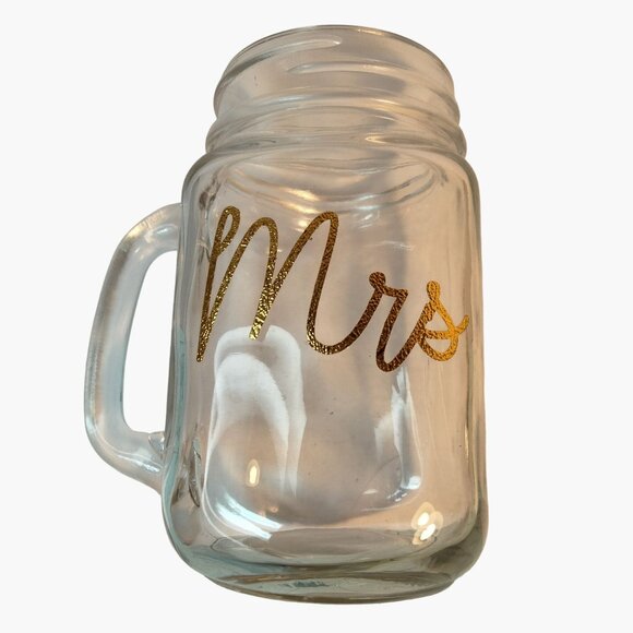 Mr Mrs Mason Jar Mugs Gold Script Writing Wedding Gift Anniversary Lot 2 - Picture 3 of 12